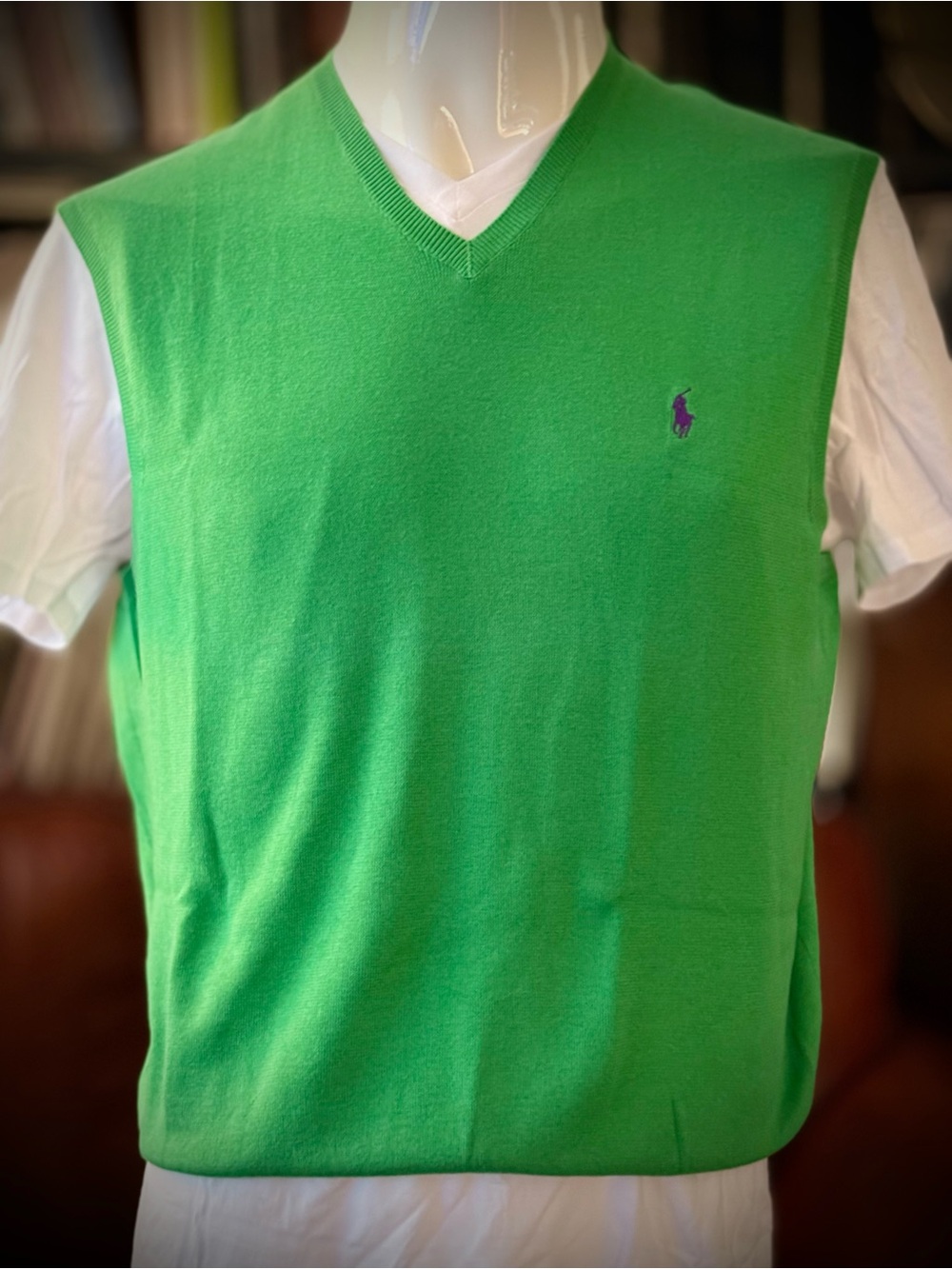Polo by Ralph Lauren Bright Green V-Neck Sweater Vest with Purple Pony